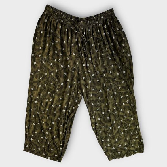 FREESTYLE BOHO DRAWSTRING PANTS OLIVE GREEN WHITE PRINT SIZE 2X ELASTIC WAIST - Picture 1 of 7